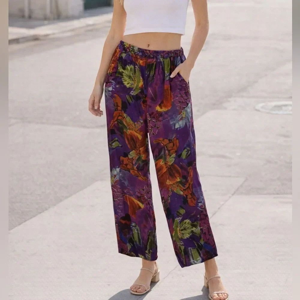 Vintage Alberto Makali XL Floral Viscose Pull On Pants Purple Boho Wide Leg
